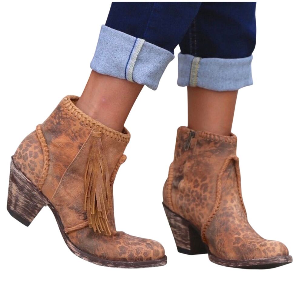 Old Gringo Mexicans Adala Heeled Ankle Leopard Print & Tassle Cowboy Boots 9.5